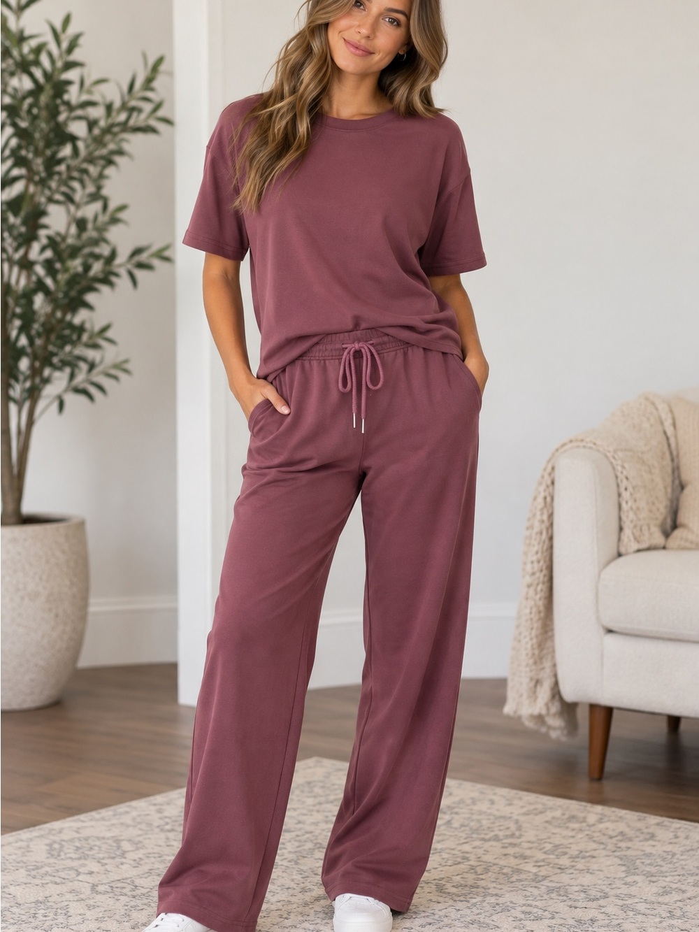 Relaxed Wide-Leg Jogger Set in Mauve